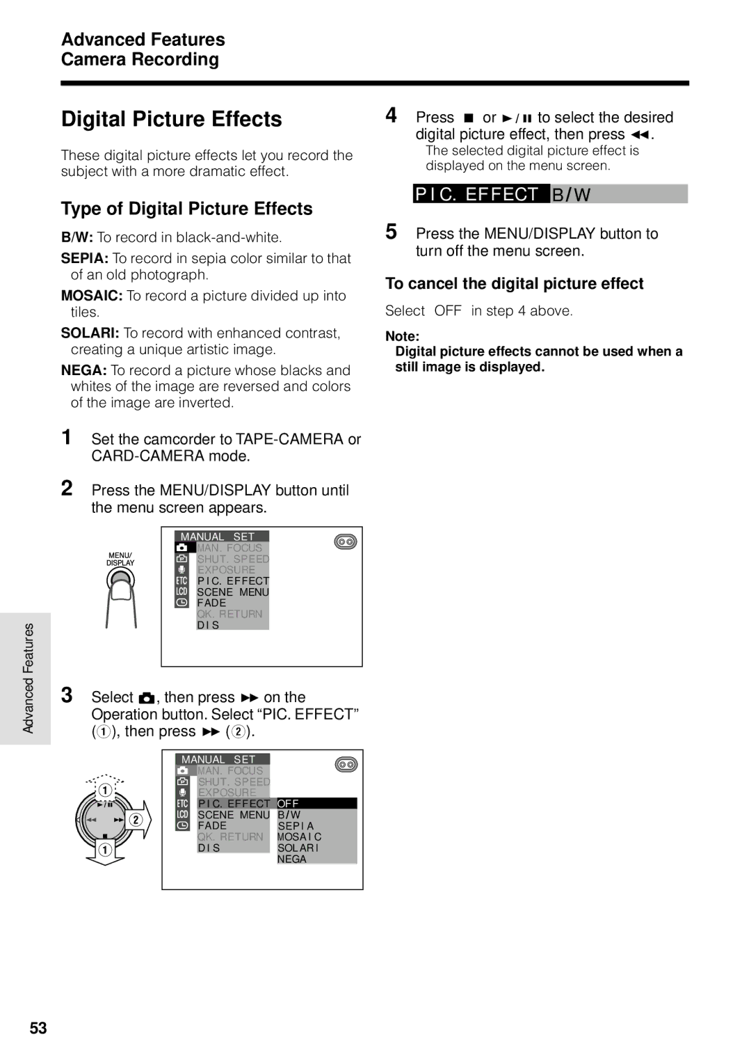 Sharp VL-WD255U operation manual Type of Digital Picture Effects, To cancel the digital picture effect 