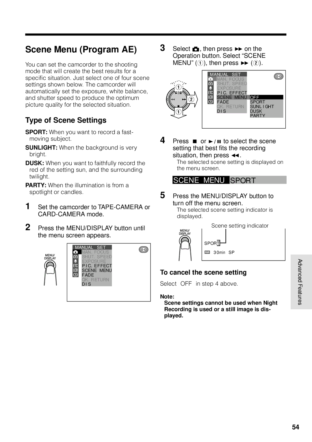 Sharp VL-WD255U Scene Menu Program AE, SC E NE Menu Sport, Type of Scene Settings, To cancel the scene setting 