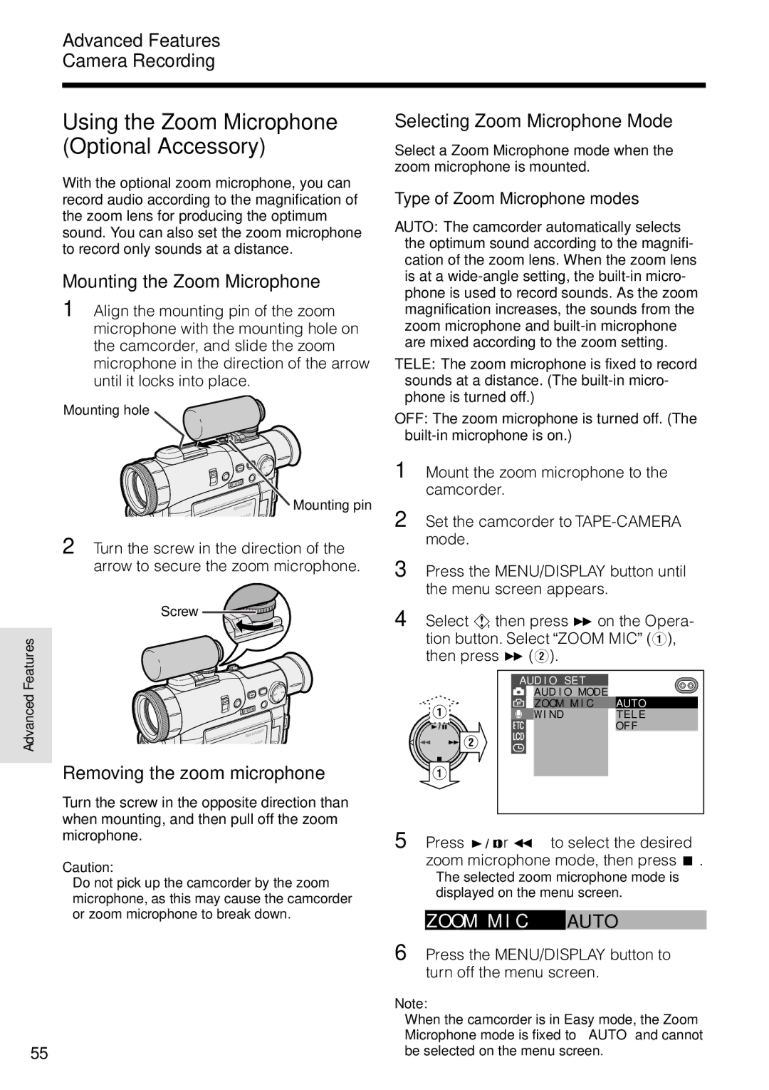 Sharp VL-WD255U Using the Zoom Microphone Optional Accessory, Oom M I C Aut O, Mounting the Zoom Microphone 