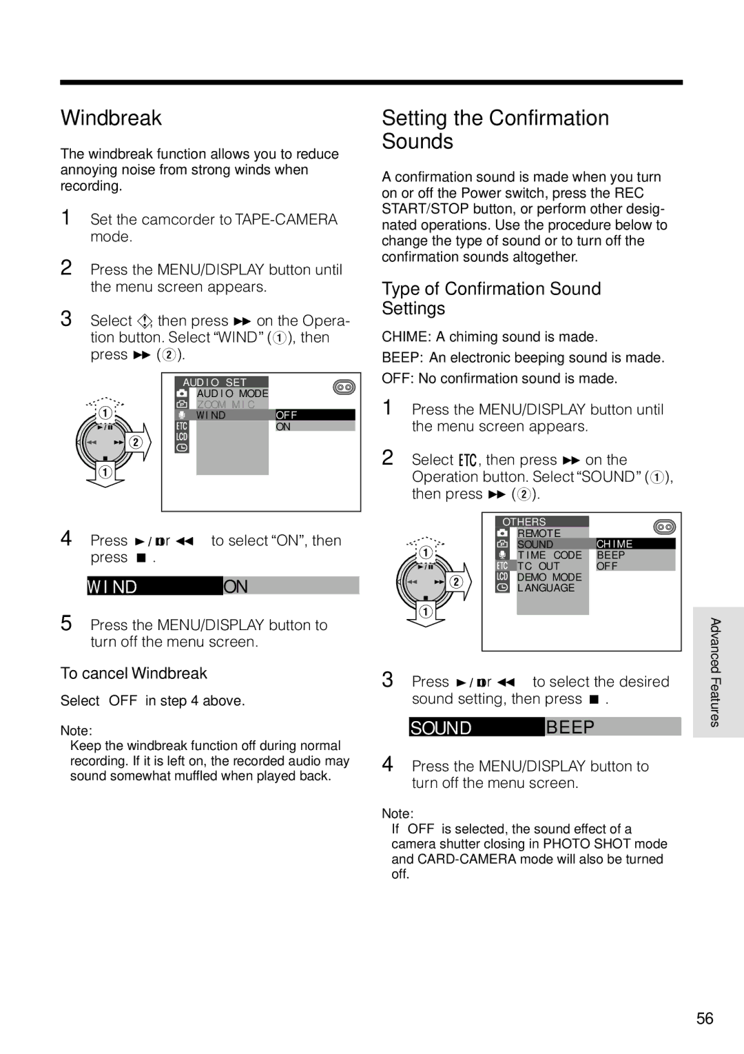 Sharp VL-WD255U Setting the Confirmation Sounds, Type of Confirmation Sound Settings, To cancel Windbreak 