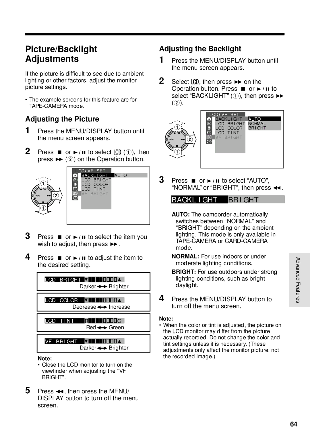 Sharp VL-WD255U operation manual Picture/Backlight Adjustments, Adjusting the Picture, Adjusting the Backlight 