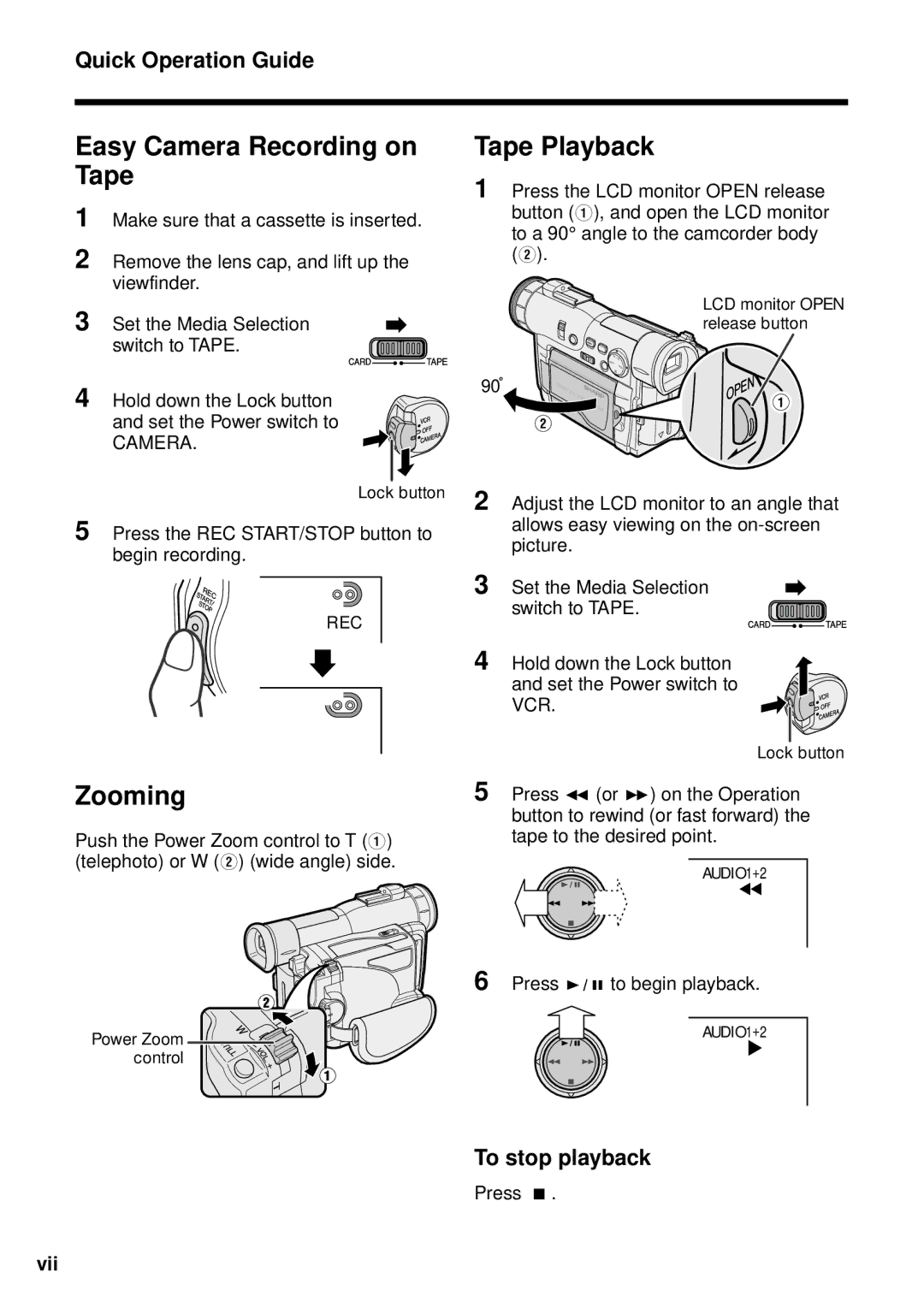 Sharp VL-WD255U Easy Camera Recording on Tape, Tape Playback, Zooming, Quick Operation Guide, To stop playback 