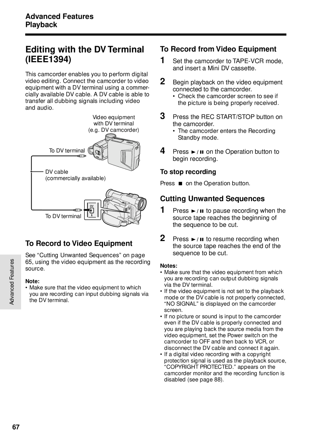 Sharp VL-WD255U Editing with the DV Terminal, IEEE1394, To Record from Video Equipment, To Record to Video Equipment 