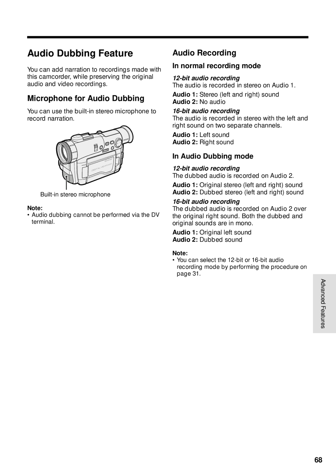 Sharp VL-WD255U Audio Dubbing Feature, Microphone for Audio Dubbing, Audio Recording, Normal recording mode 