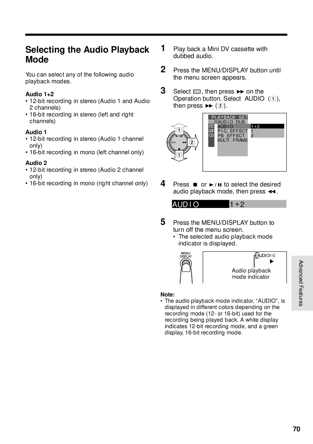 Sharp VL-WD255U Selecting the Audio Playback Mode, Aud I O, You can select any of the following audio playback modes 