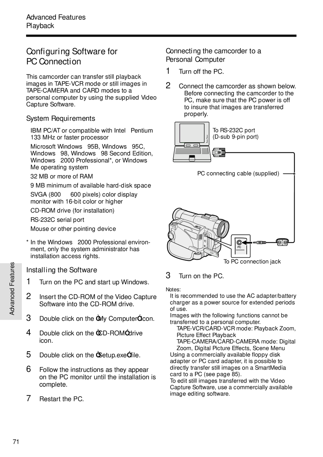 Sharp VL-WD255U operation manual Configuring Software for PC Connection, System Requirements, Installing the Software 