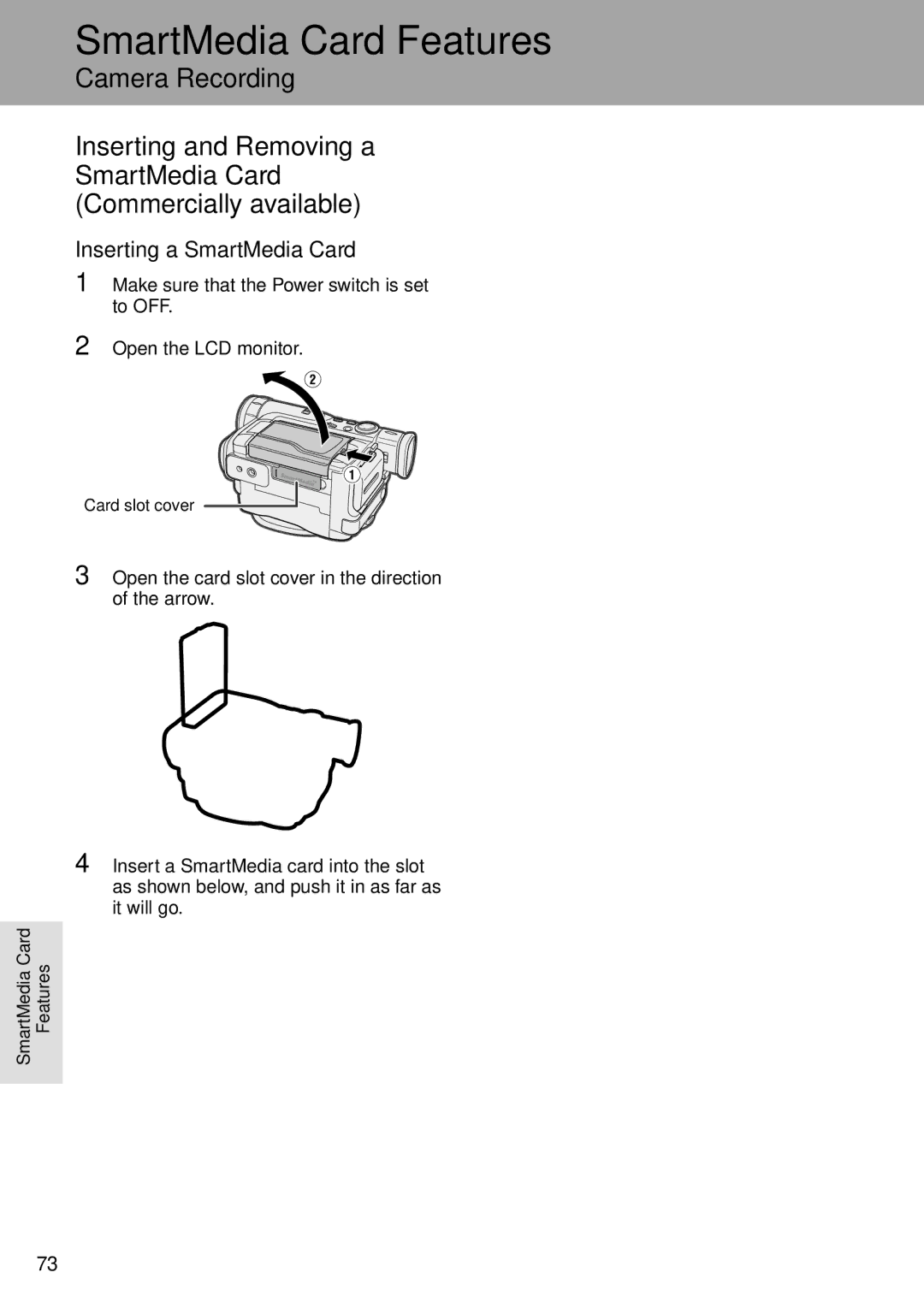 Sharp VL-WD255U operation manual Inserting a SmartMedia Card, Removing a SmartMedia Card 