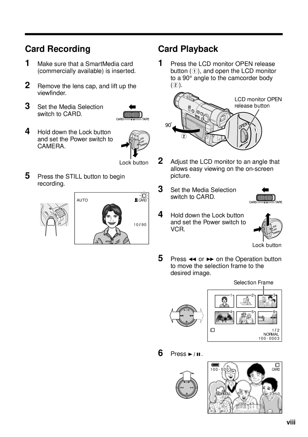 Sharp VL-WD255U operation manual Card Recording, Card Playback, Viii, Press the Still button to begin recording, Press y 