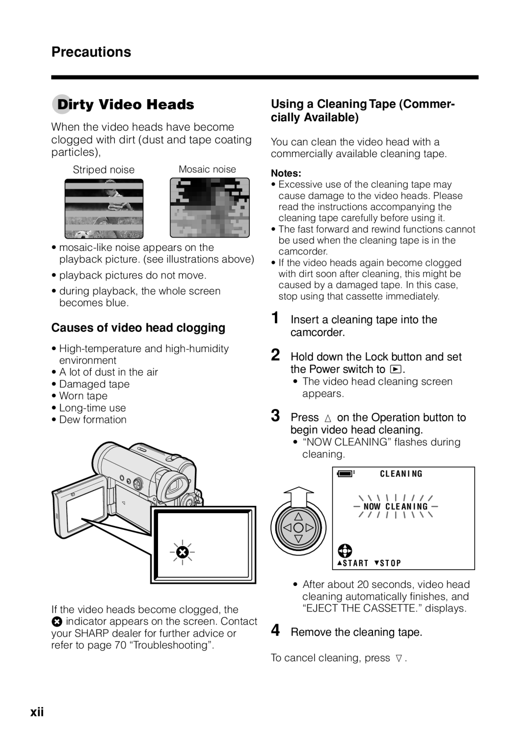 Sharp VL Z 1 H Precautions Dirty Video Heads, Using a Cleaning Tape Commer- cially Available, Remove the cleaning tape 