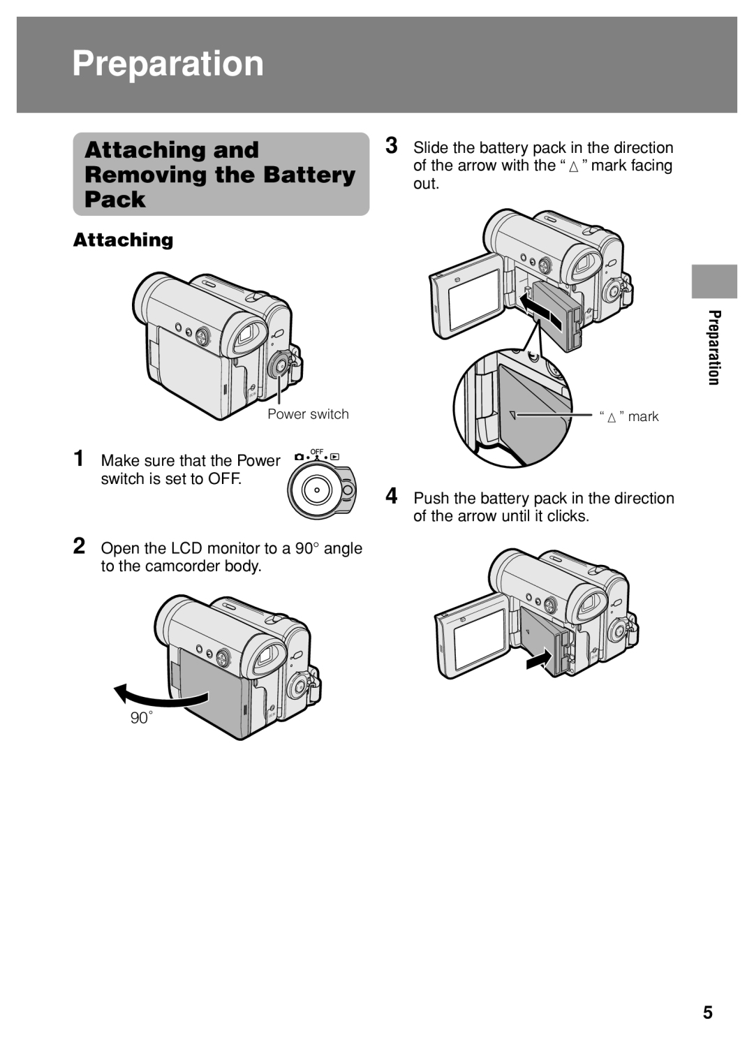 Sharp VL Z 1 H operation manual Attaching Removing the Battery Pack 