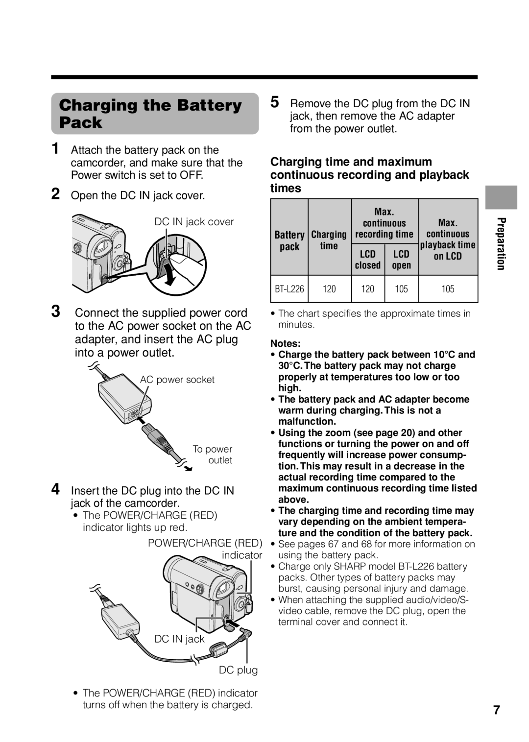 Sharp VL Z 1 H Charging the Battery Pack, Insert the DC plug into the DC in jack of the camcorder, DC in jack cover 