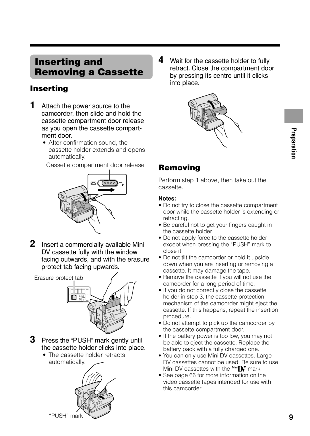 Sharp VL Z 1 H operation manual Inserting and Removing a Cassette, Perform above, then take out the cassette 