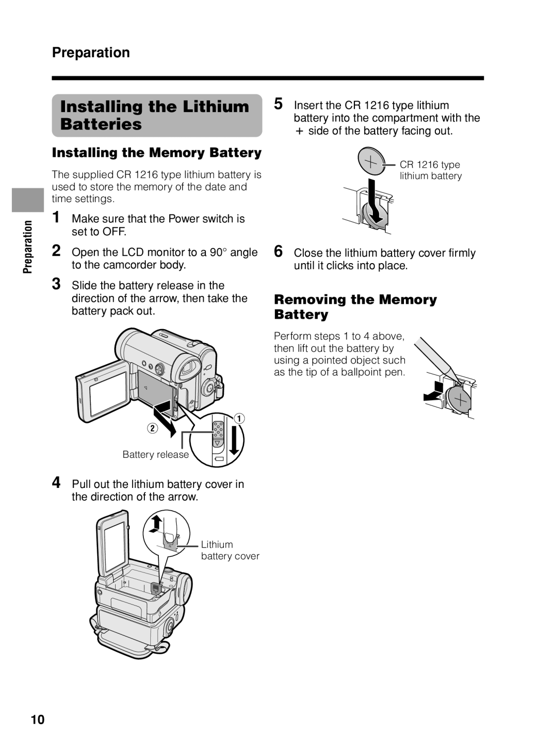 Sharp VL Z 1 H Installing the Lithium Batteries, Installing the Memory Battery, Removing the Memory Battery 