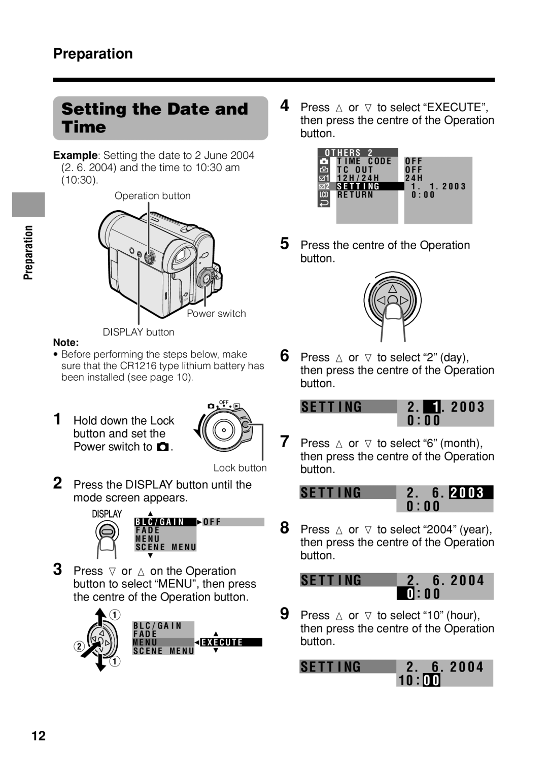 Sharp VL Z 1 H operation manual Setting the Date, Time, 0 0, Press m or l to select Execute, Button 