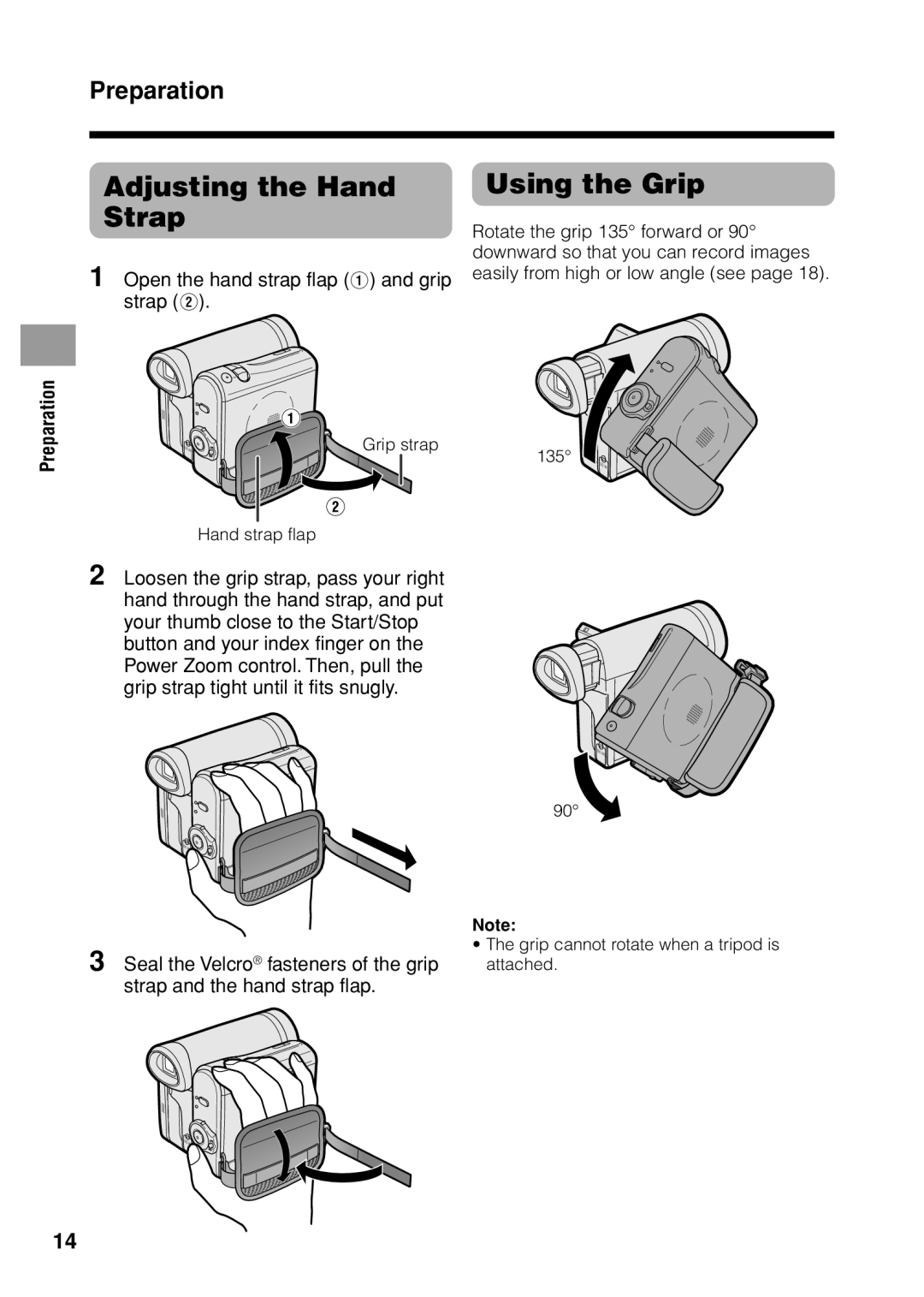 Sharp VL Z 1 H operation manual Adjusting the Hand Strap, Using the Grip, Open the hand strap flap 1 and grip strap 