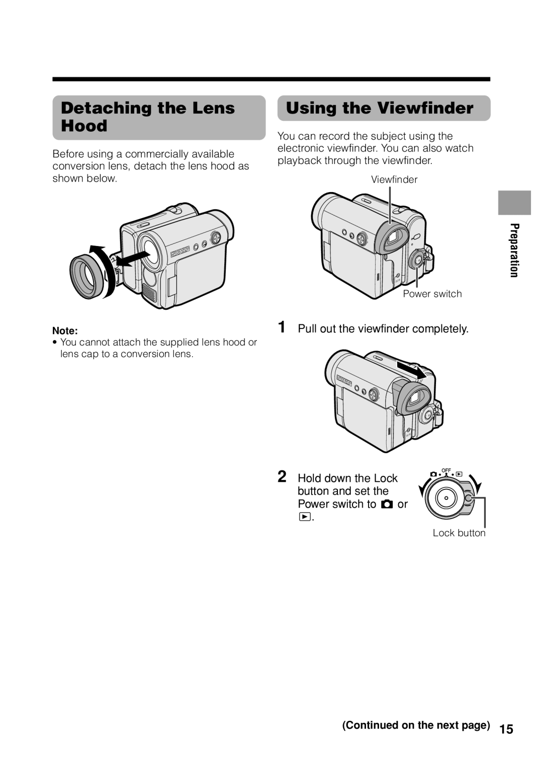 Sharp VL Z 1 H operation manual Detaching the Lens Hood, Using the Viewfinder, Pull out the viewfinder completely 