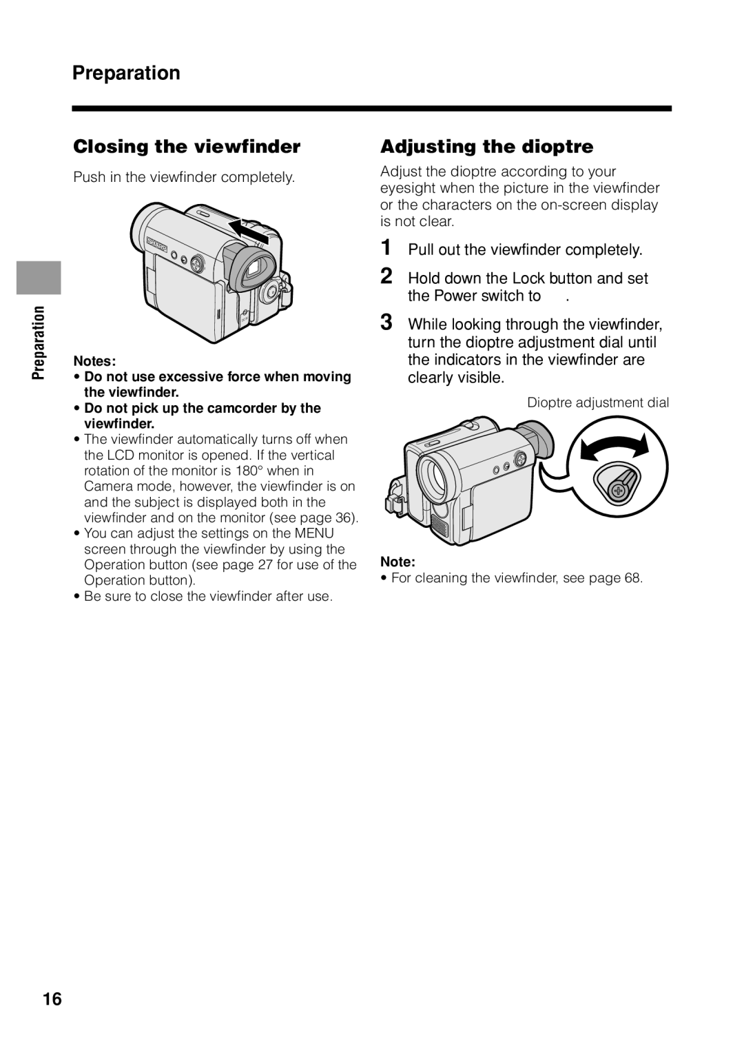 Sharp VL Z 1 H operation manual Closing the viewfinder, Adjusting the dioptre, Push in the viewfinder completely 