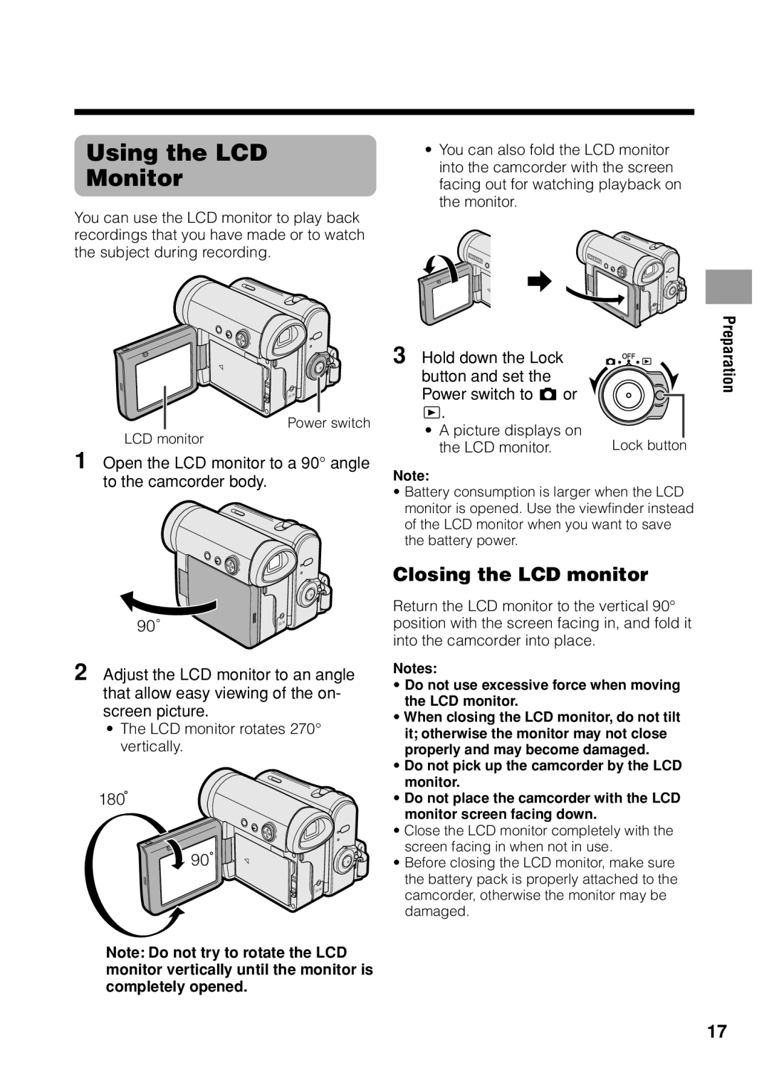 Sharp VL Z 1 H operation manual Using the LCD Monitor, Closing the LCD monitor, LCD monitor rotates 270 vertically 