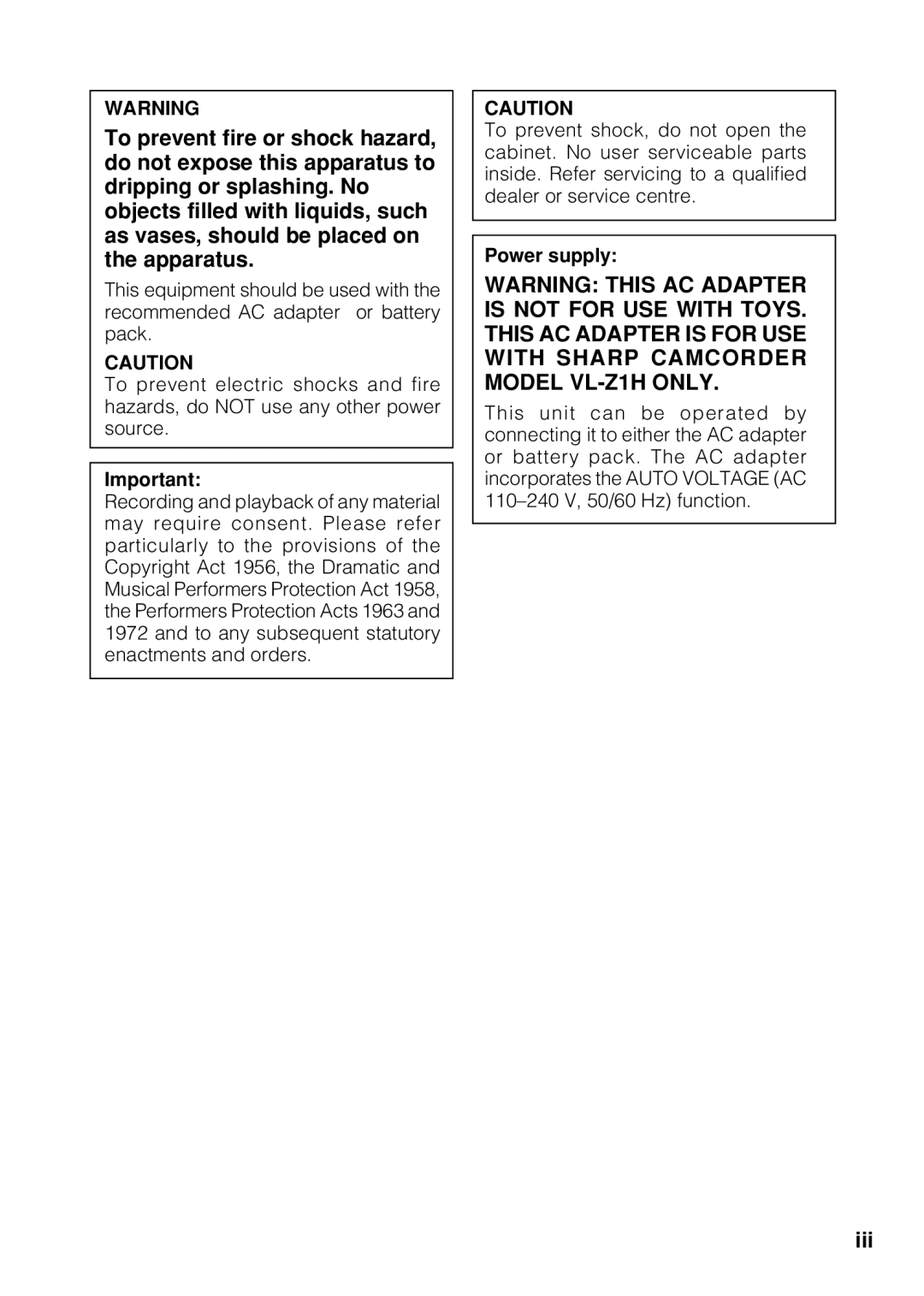 Sharp VL Z 1 H operation manual Power supply 