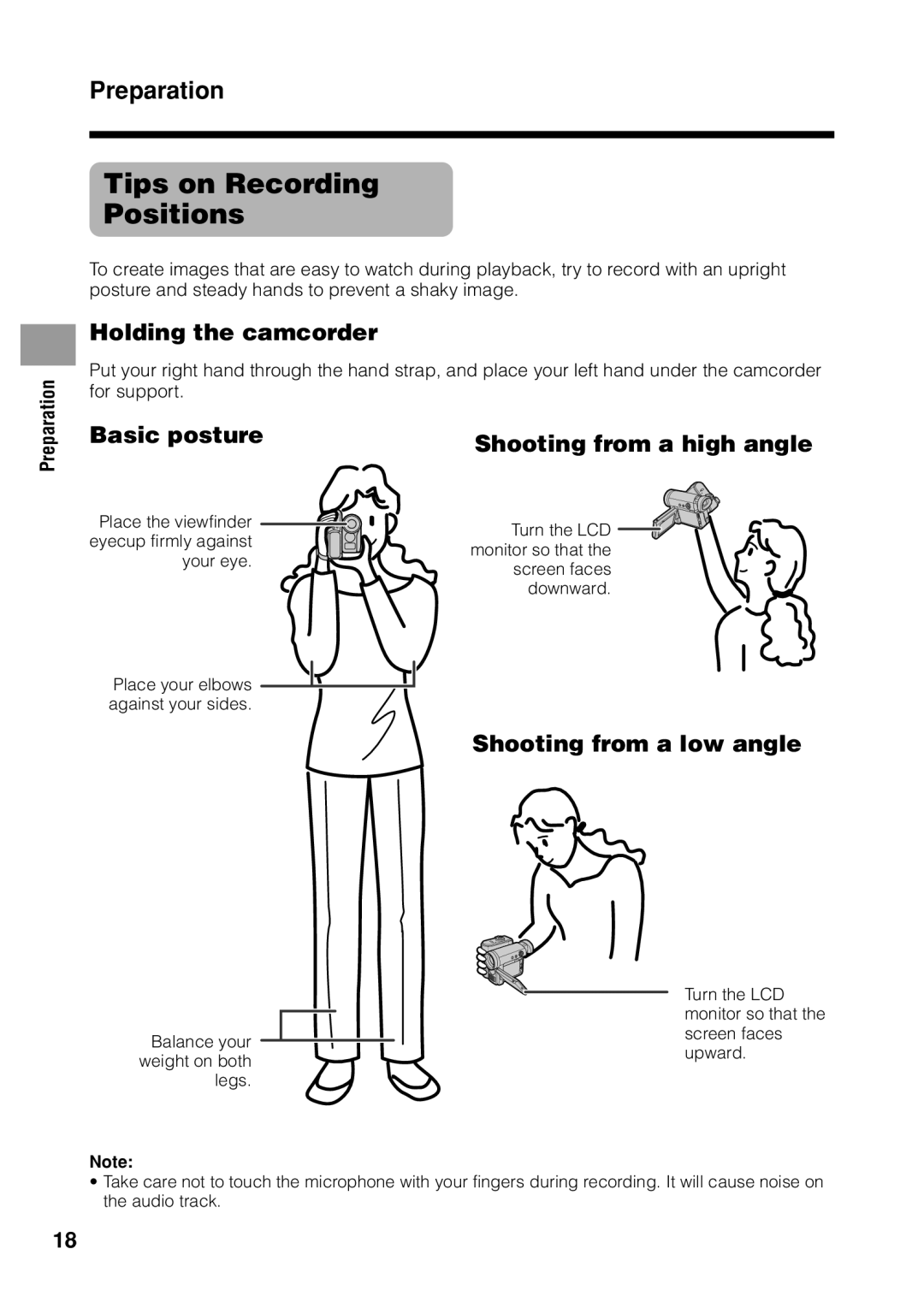 Sharp VL Z 1 H Tips on Recording Positions, Holding the camcorder, Basic posture, Shooting from a high angle 