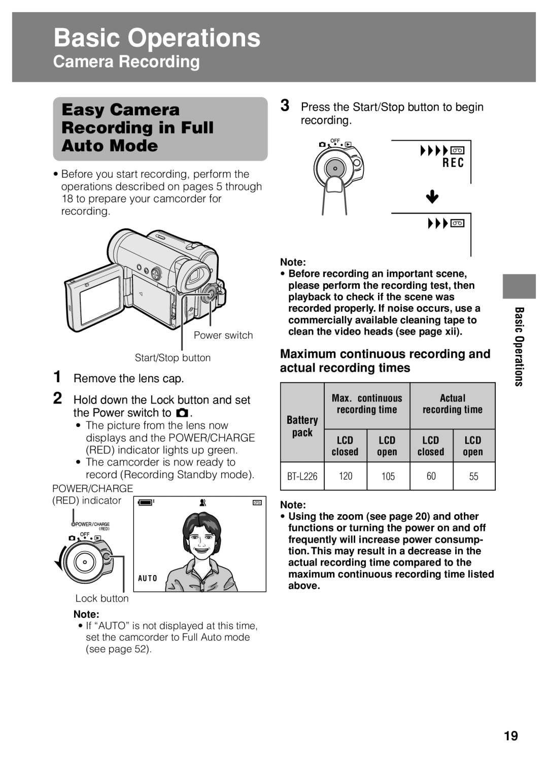 Sharp VL Z 1 H operation manual Easy Camera Recording in Full Auto Mode, Press the Start/Stop button to begin recording 