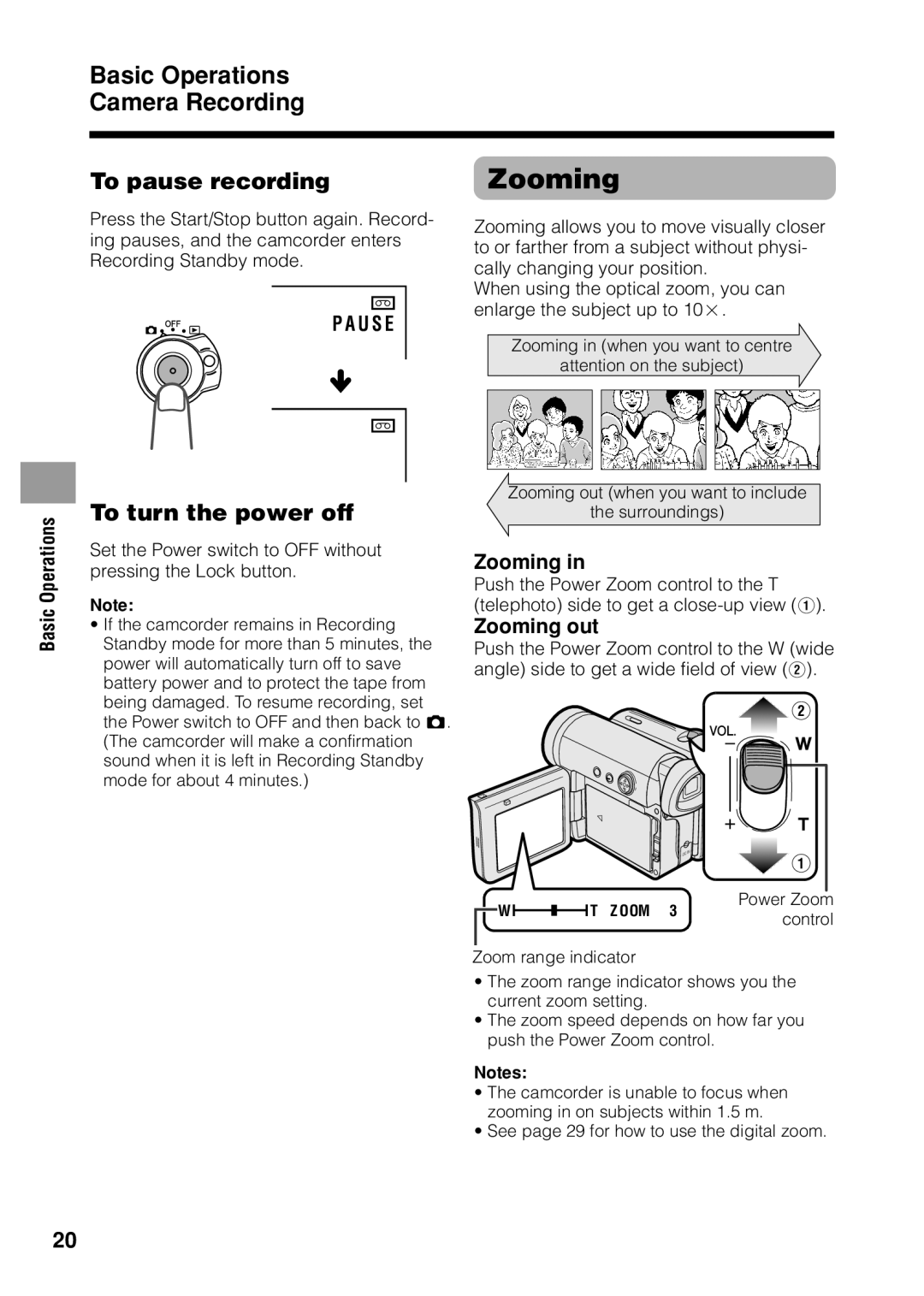 Sharp VL Z 1 H Basic Operations Camera Recording To pause recording, To turn the power off, Zooming out 