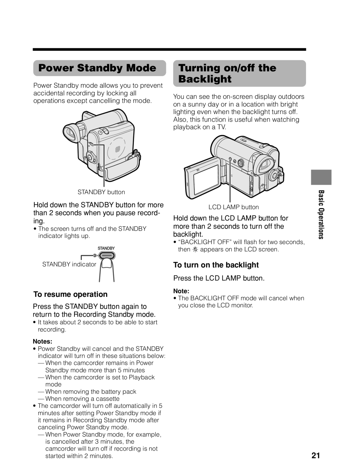 Sharp VL Z 1 H operation manual Power Standby Mode, Turning on/off Backlight, To resume operation, To turn on the backlight 