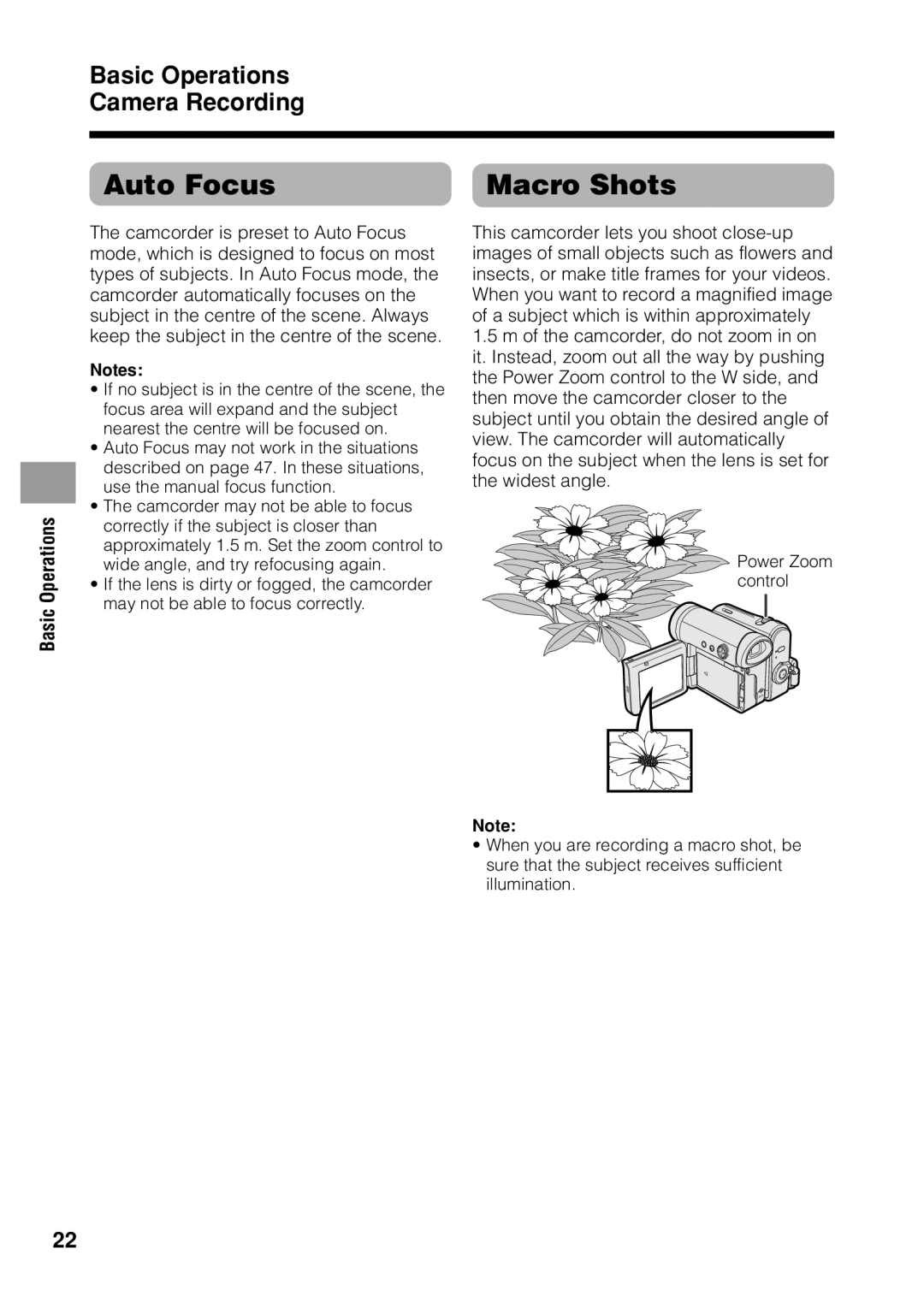 Sharp VL Z 1 H operation manual Auto Focus Macro Shots, Basic Operations Camera Recording 