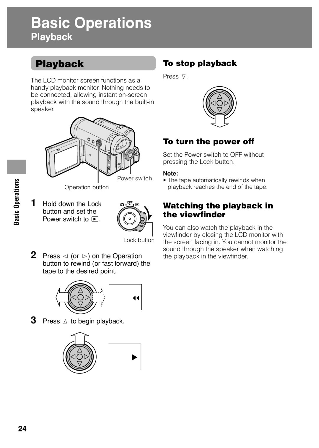 Sharp VL Z 1 H operation manual Playback, To stop playback, Watching the playback in the viewfinder, Operations, Basic 