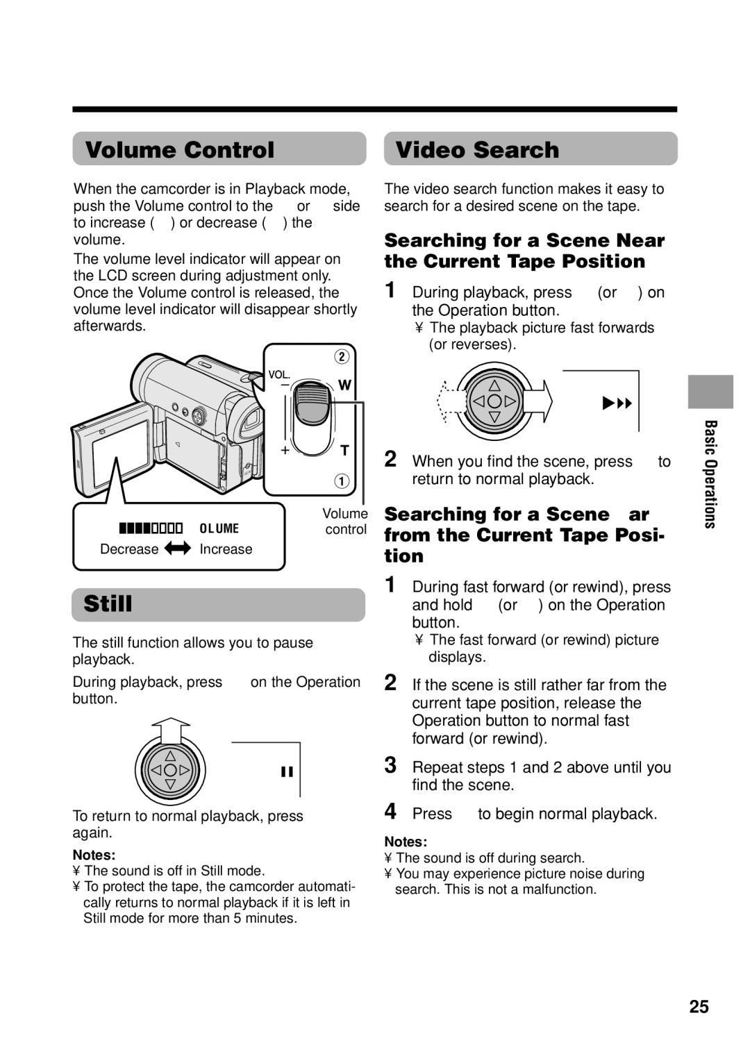 Sharp VL Z 1 H operation manual Volume Control Video Search, Still, Searching for a Scene Near the Current Tape Position 