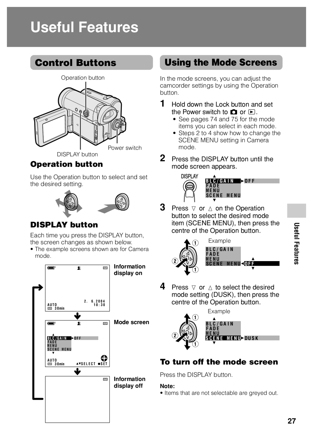 Sharp VL Z 1 H Control Buttons, Using the Mode Screens, Operation button, Display button, To turn off the mode screen 