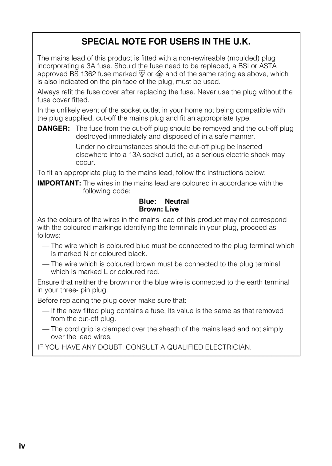 Sharp VL Z 1 H operation manual Special Note for Users in the U.K, Blue Neutral Brown Live 