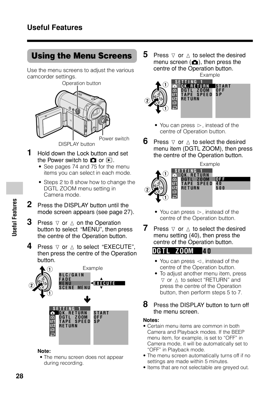 Sharp VL Z 1 H operation manual Using the Menu Screens, Useful Features, DG T L Zoom 4 