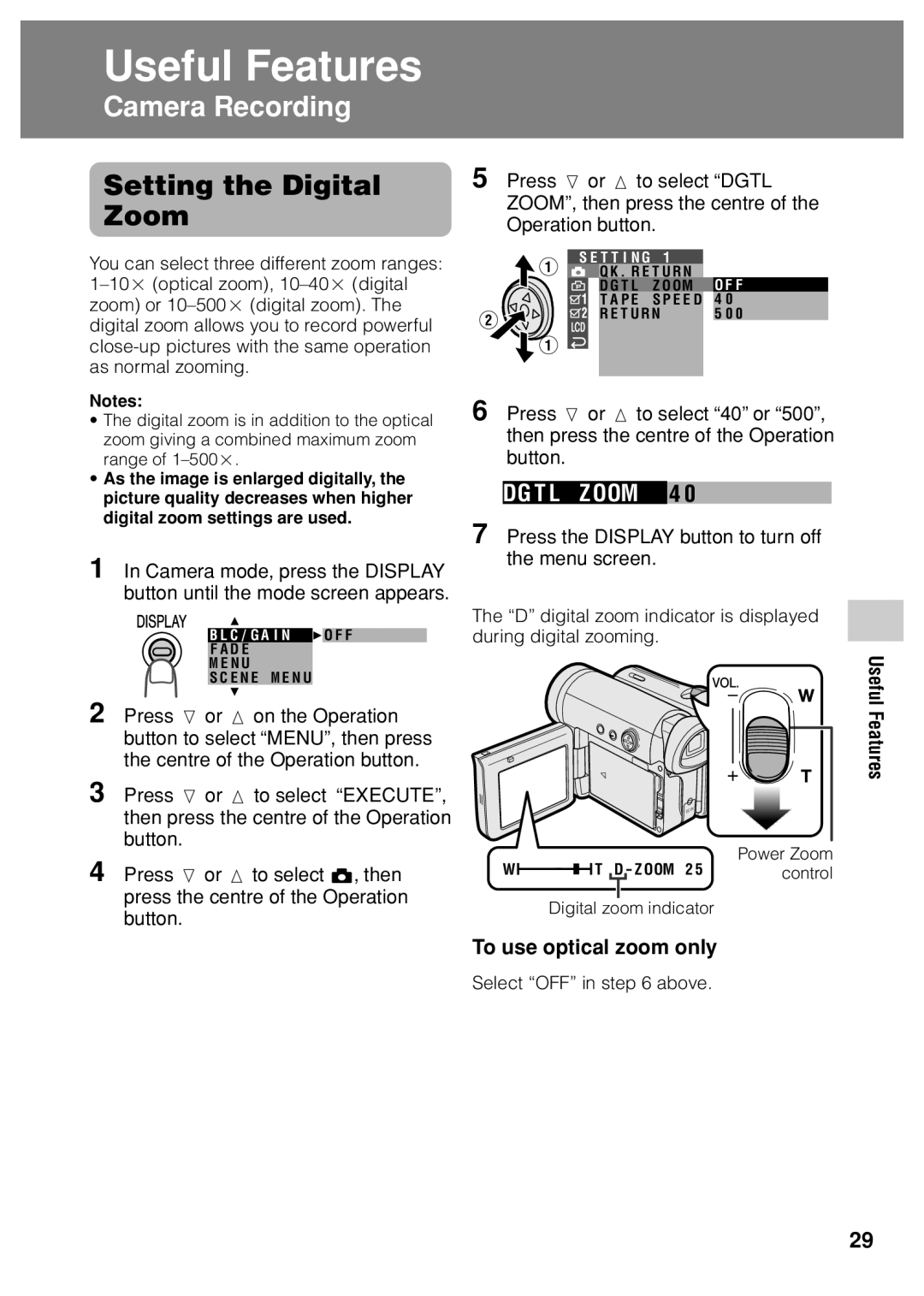 Sharp VL Z 1 H Setting the Digital, Zoom, Press l or m to select Dgtl, Operation button, To use optical zoom only 