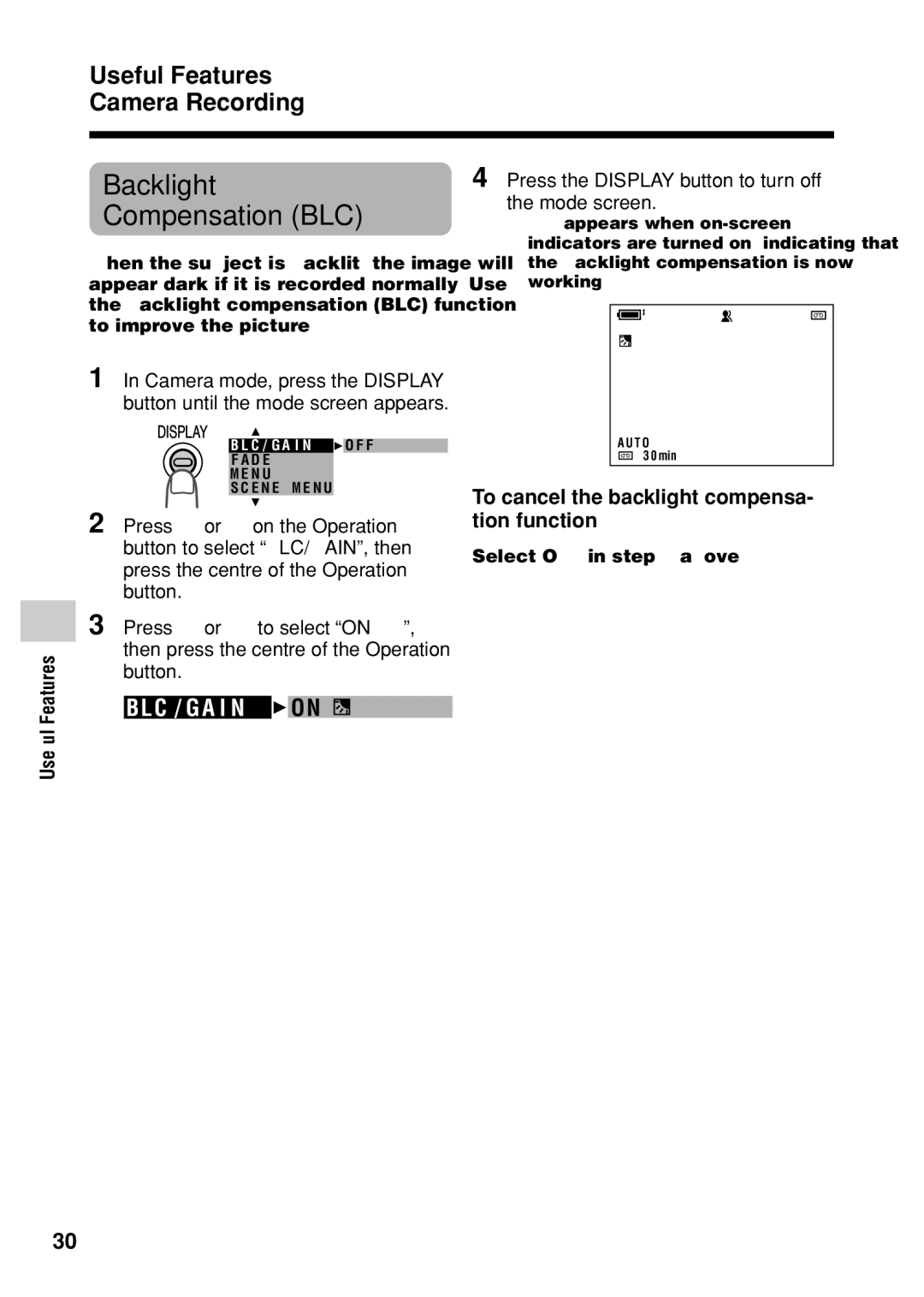 Sharp VL Z 1 H operation manual Backlight Compensation BLC, Useful Features Camera Recording, Blc / Ga I N 