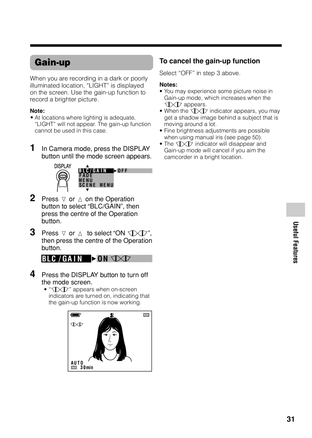 Sharp VL Z 1 H operation manual Gain-up, To cancel the gain-up function 