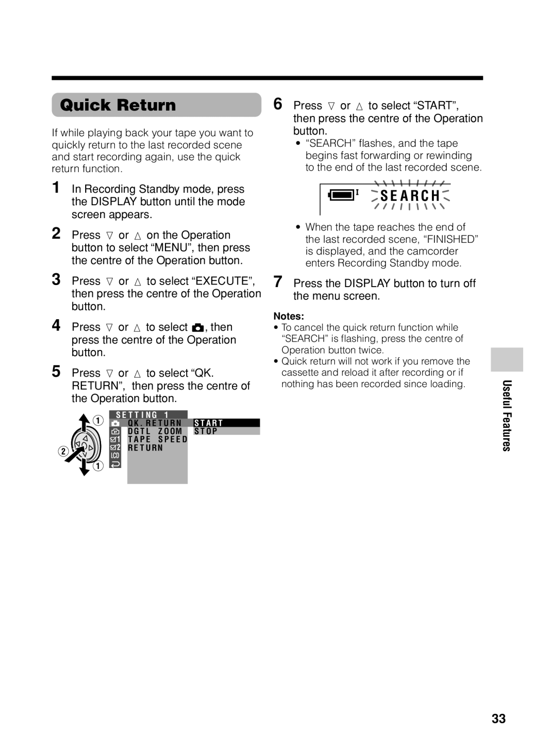 Sharp VL Z 1 H operation manual Quick Return, Press l or m to select Start, Button, Then press the centre of the Operation 