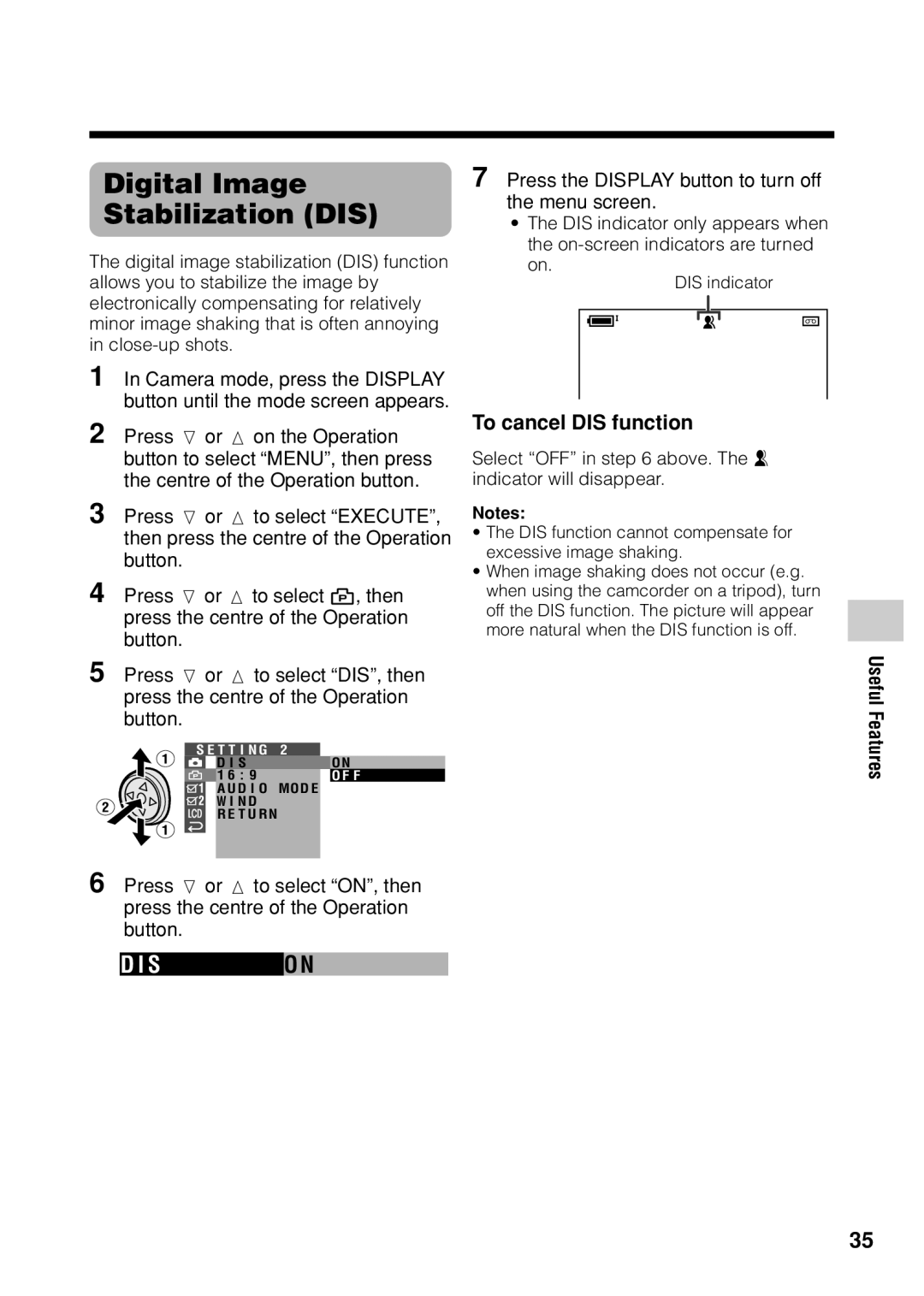 Sharp VL Z 1 H operation manual Digital Image Stabilization DIS, So N, To cancel DIS function 