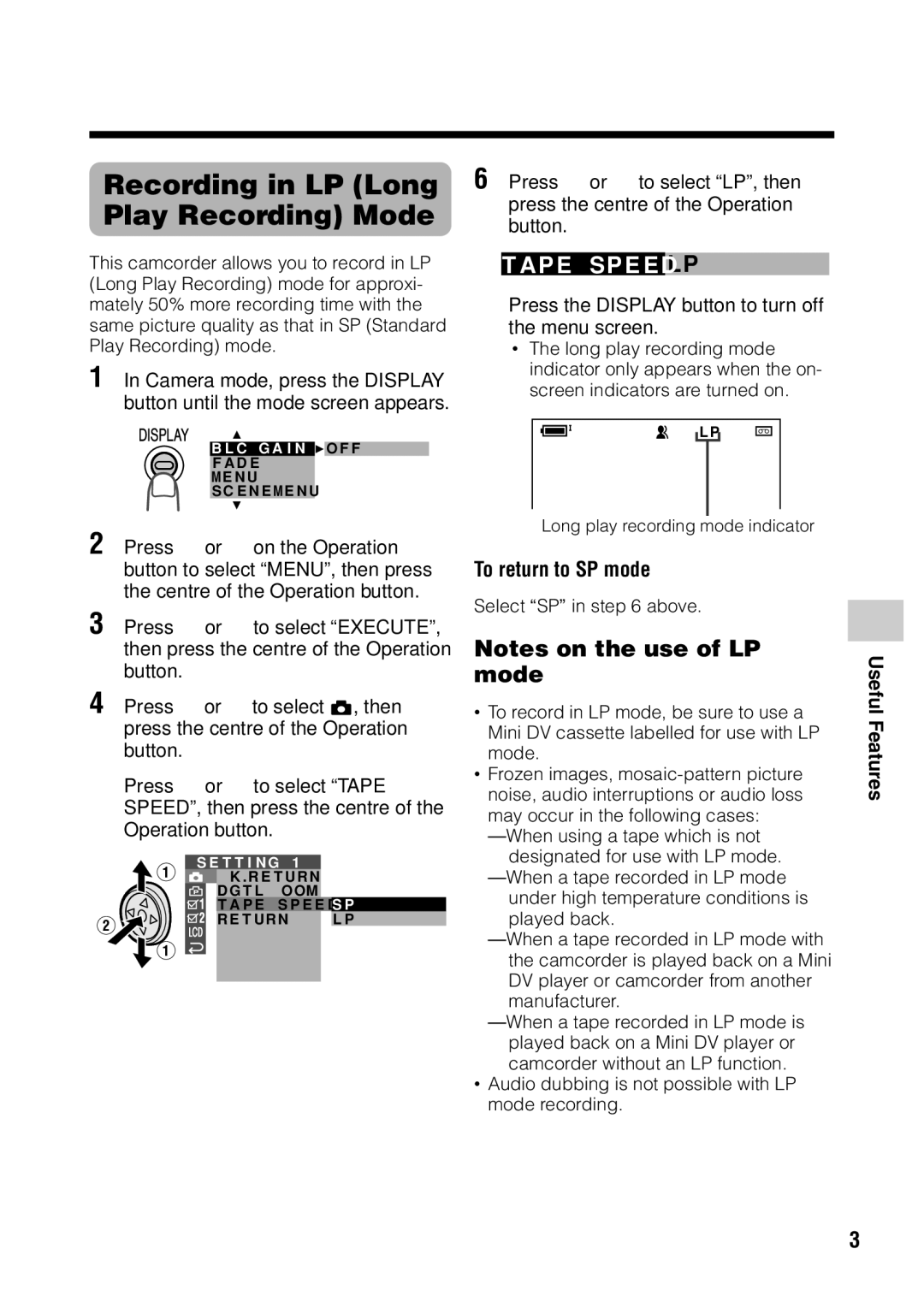 Sharp VL Z 1 H operation manual Recording in LP Long Play Recording Mode, Ap E Sp E E D Lp, To return to SP mode 