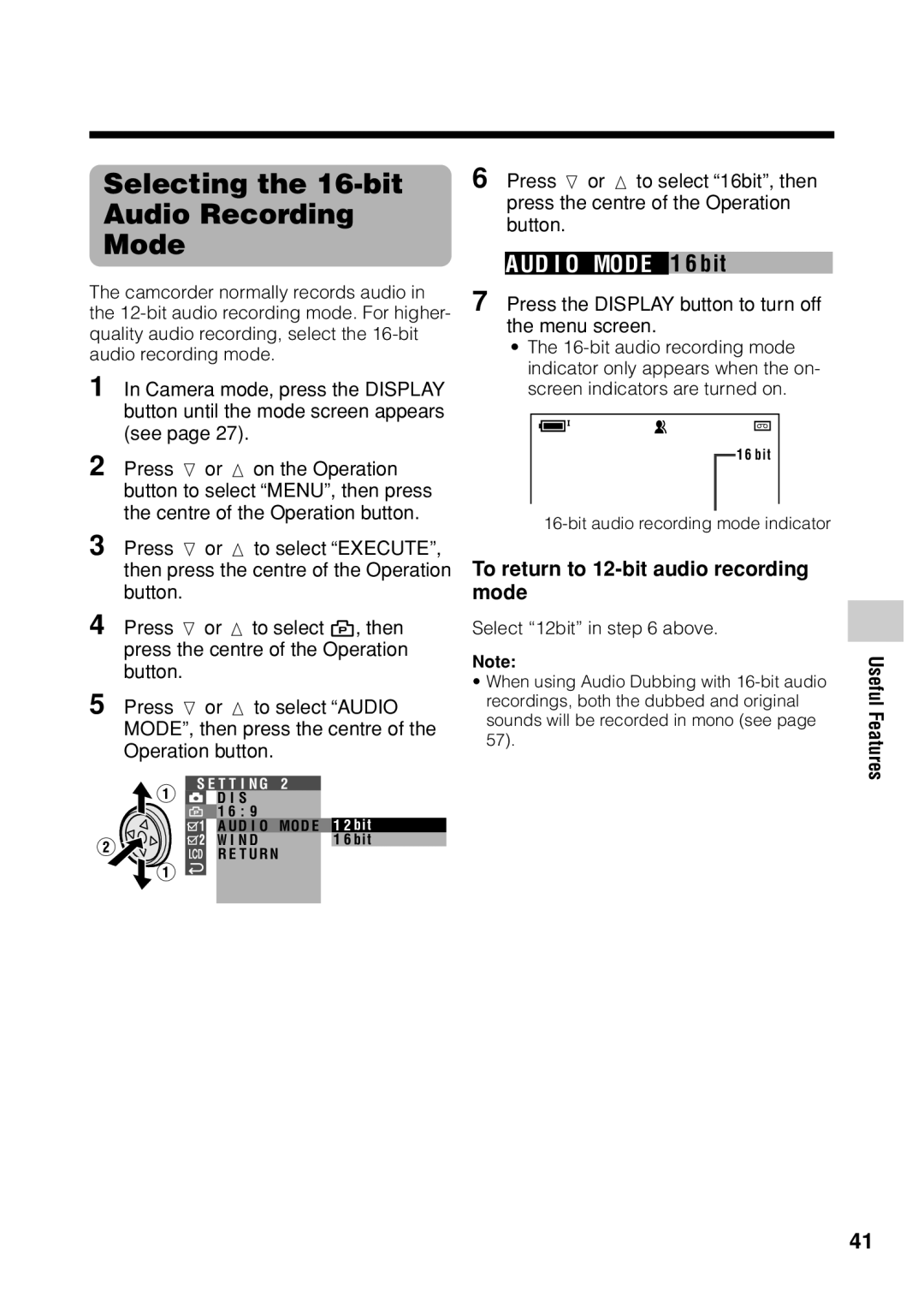 Sharp VL Z 1 H Selecting the 16-bit Audio Recording Mode, To return to 12-bit audio recording mode, Select 12bit in above 