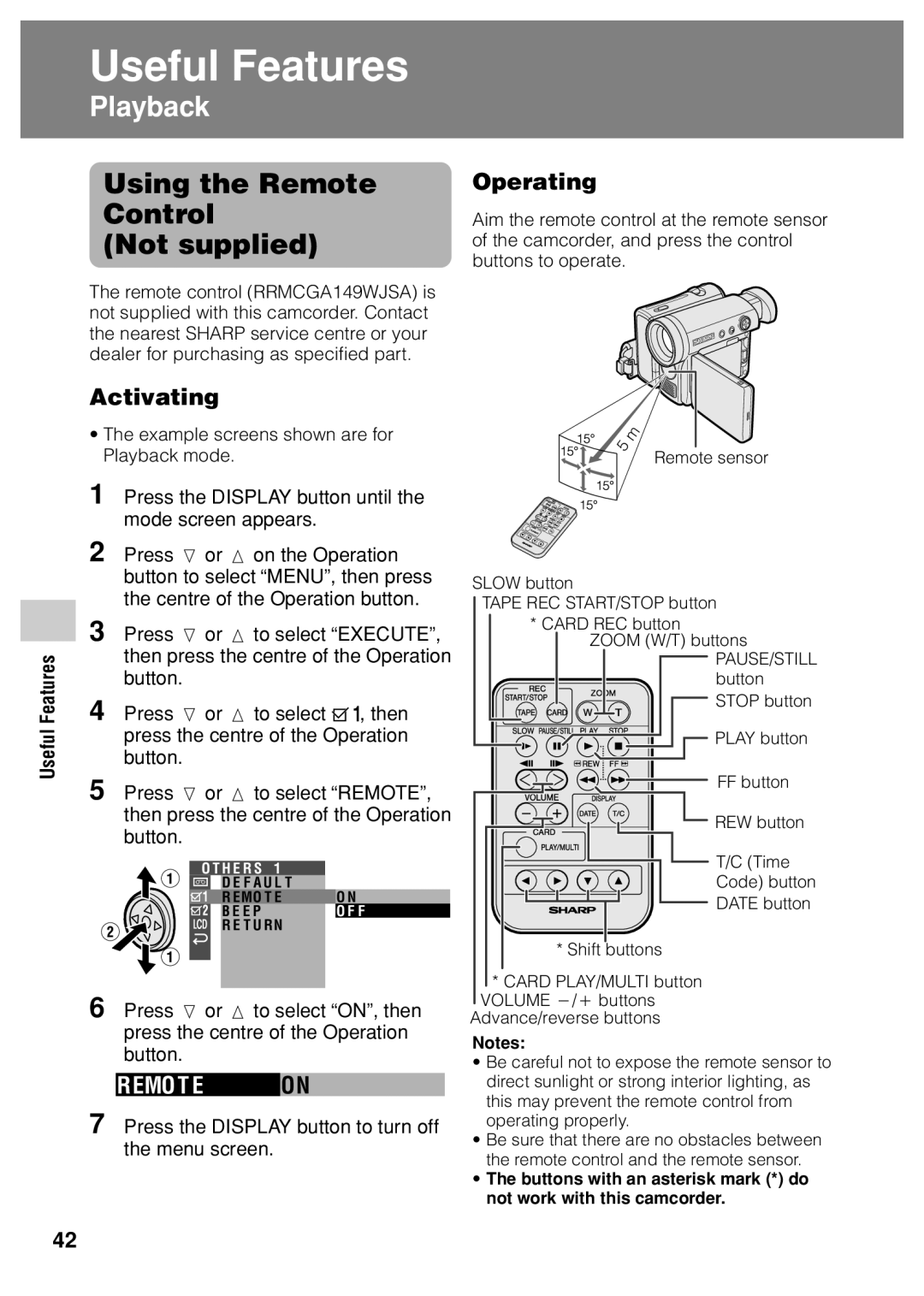 Sharp VL Z 1 H operation manual Using the Remote Control Not supplied, Operating, Activating, Remo T E on 