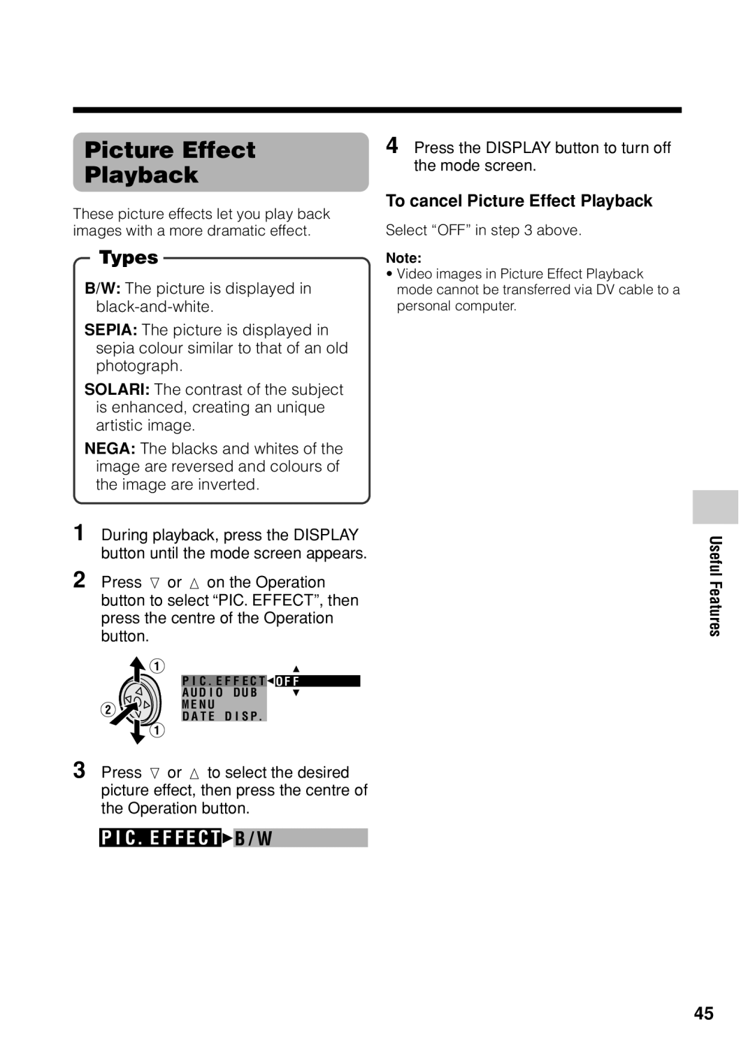 Sharp VL Z 1 H operation manual Types, To cancel Picture Effect Playback 