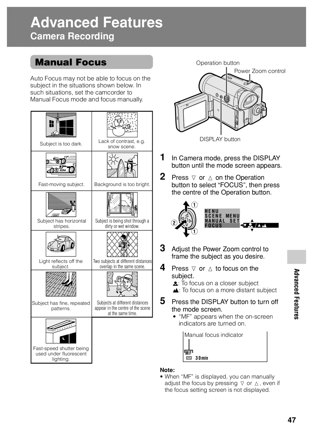 Sharp VL Z 1 H operation manual Manual Focus, MF appears when the on-screen indicators are turned on 