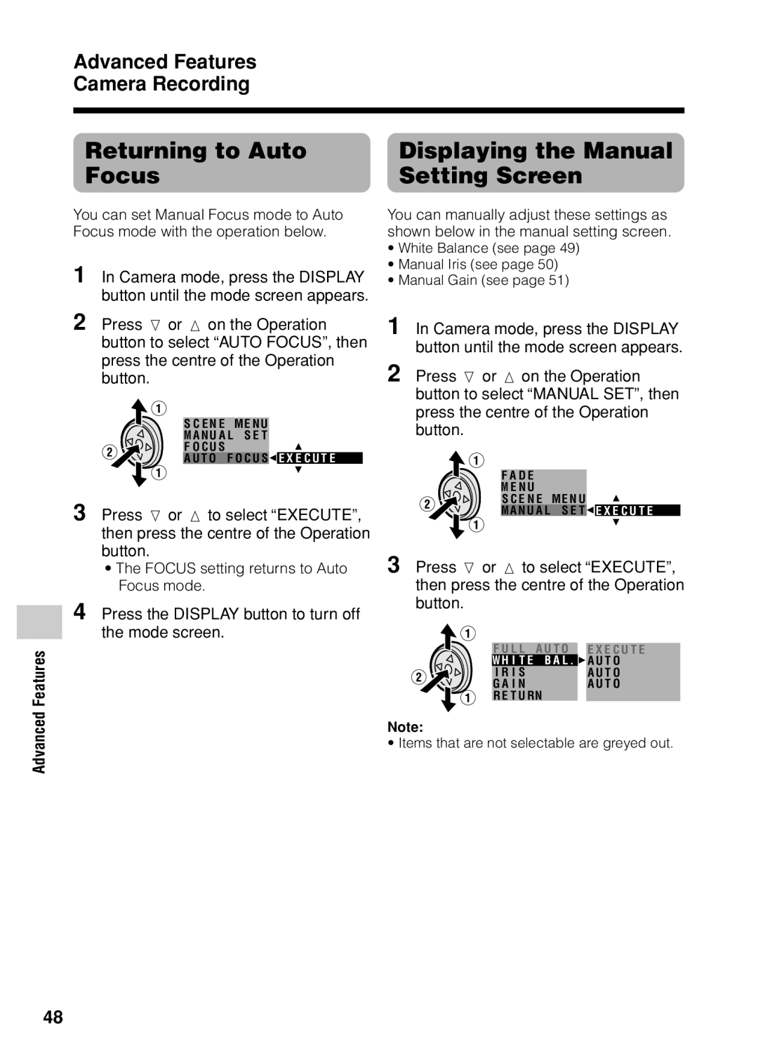 Sharp VL Z 1 H operation manual Advanced Features Camera Recording, Focus setting returns to Auto Focus mode 