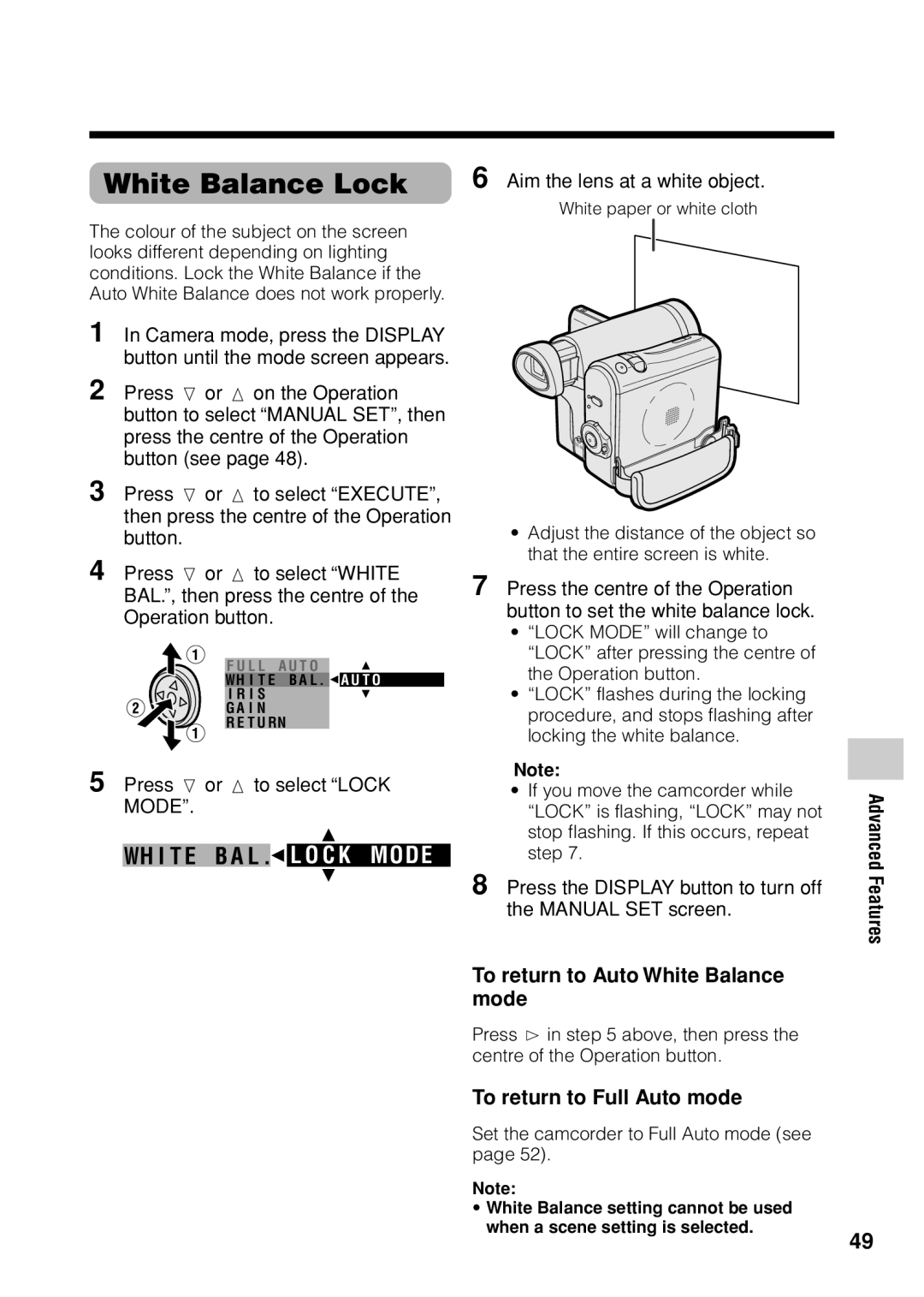 Sharp VL Z 1 H operation manual White Balance Lock, To return to Auto White Balance mode, To return to Full Auto mode 