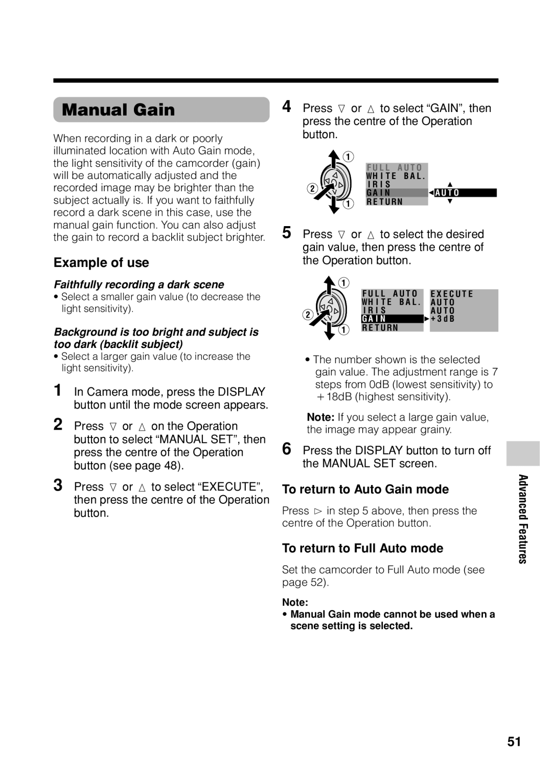 Sharp VL Z 1 H operation manual Manual Gain, To return to Auto Gain mode 