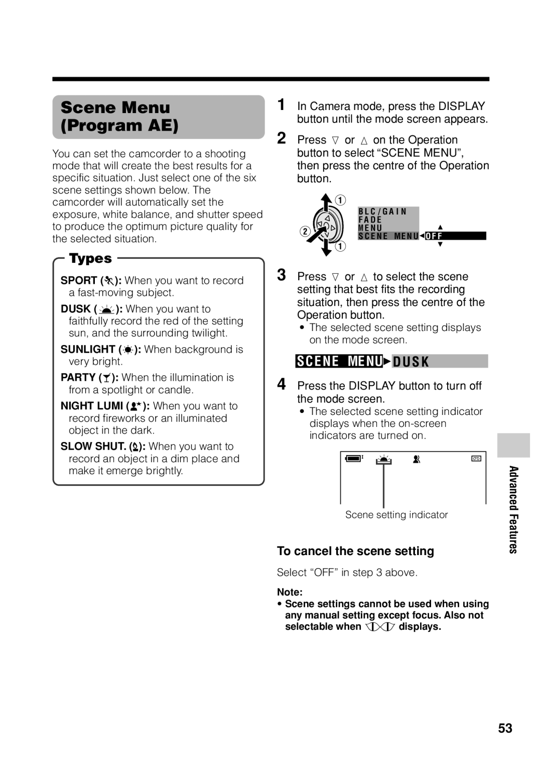 Sharp VL Z 1 H operation manual Scene Menu Program AE, E NE Menu DU S K, To cancel the scene setting 