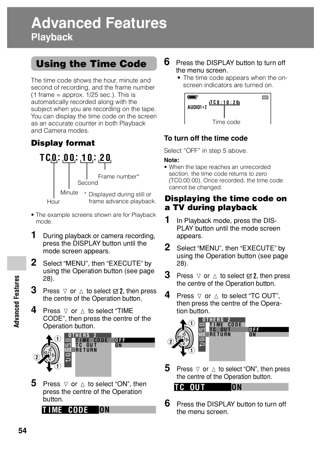 Sharp VL Z 1 H operation manual Display format, ME COD E on, Displaying the time code on a TV during playback, Ou T 