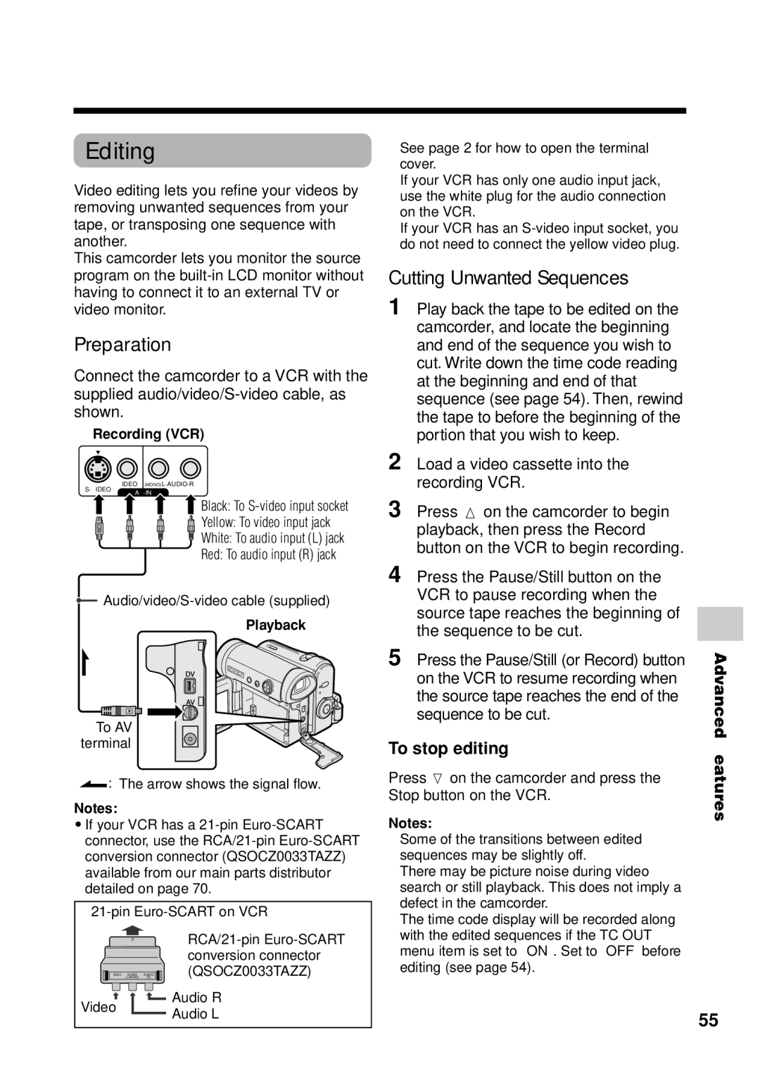 Sharp VL Z 1 H operation manual Editing, Cutting Unwanted Sequences, On the VCR to resume recording when, To stop editing 