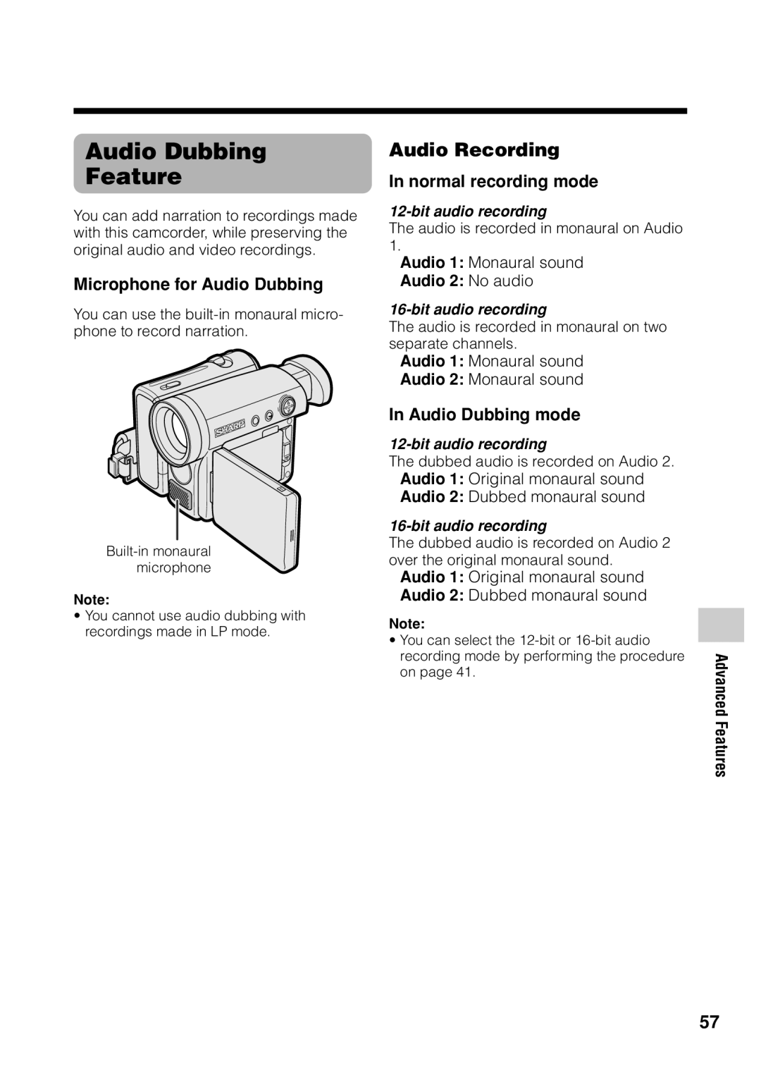 Sharp VL Z 1 H operation manual Audio Dubbing Feature, Audio Recording 